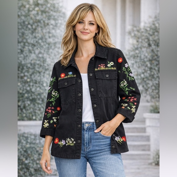 JCL Jackets & Blazers - Boho Embroidered Shirt Jacket Black Floral Cotton Shacket Medium Folk